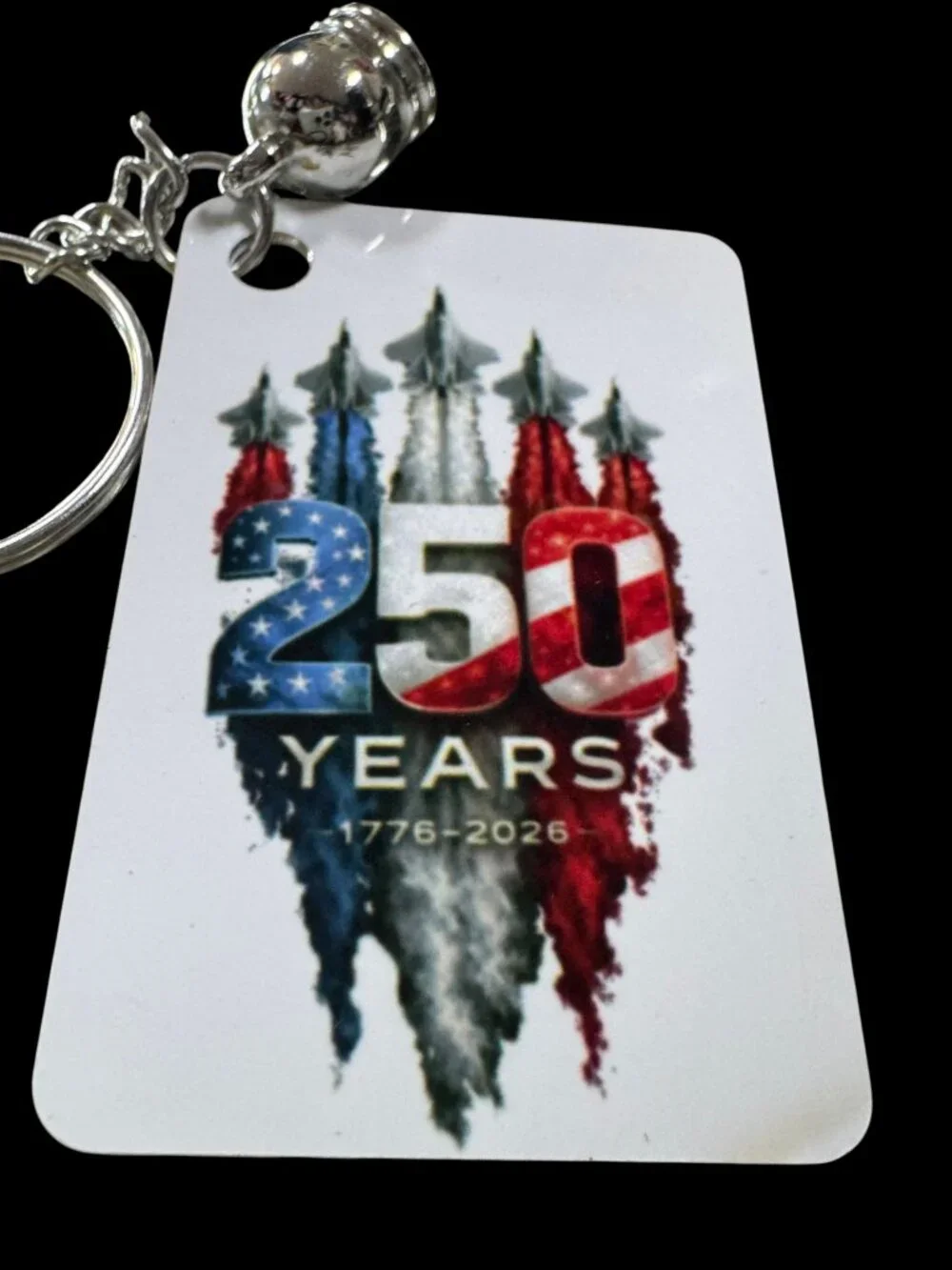 USA 250 Years Anniversary Keychain, Metal, White Tassel, Patriotic 1776-2026 Com